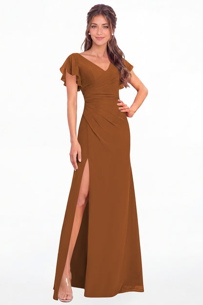 Burnt Orange V Neck Chiffon Flutter Sleeve Slit Bridesmaid Dress - Front View