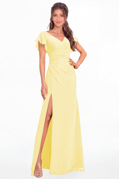Butter Yellow V Neck Chiffon Flutter Sleeve Slit Bridesmaid Dress - Front View