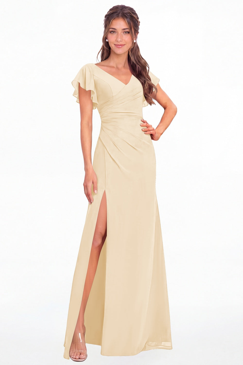 Champagne V Neck Chiffon Flutter Sleeve Slit Bridesmaid Dress - Front View
