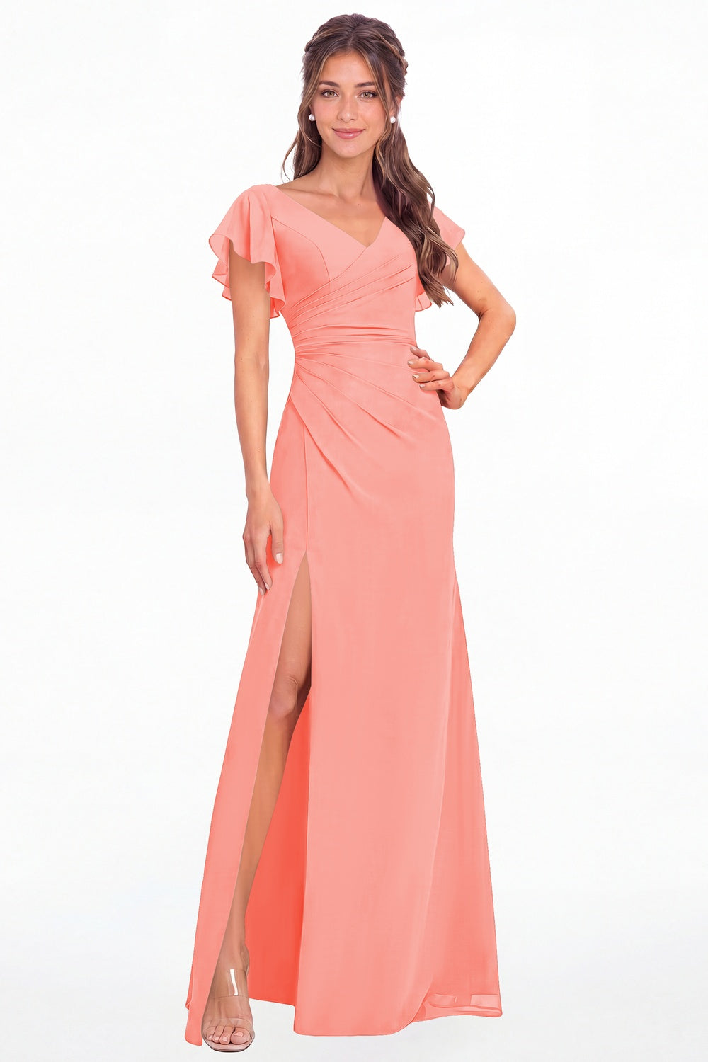 Coral V Neck Chiffon Flutter Sleeve Slit Bridesmaid Dress - Front View