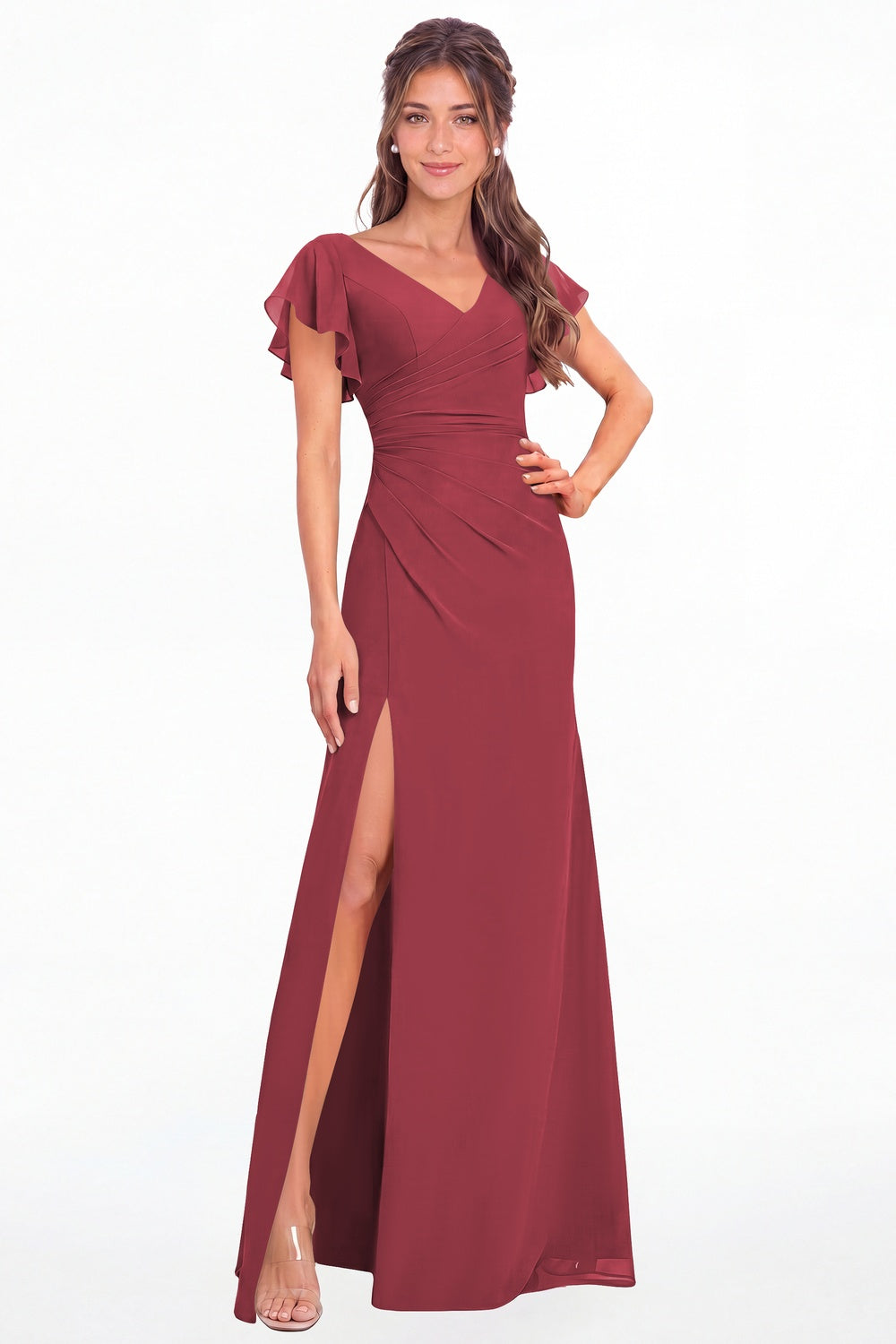 Desert Rose V Neck Chiffon Flutter Sleeve Slit Bridesmaid Dress - Front View