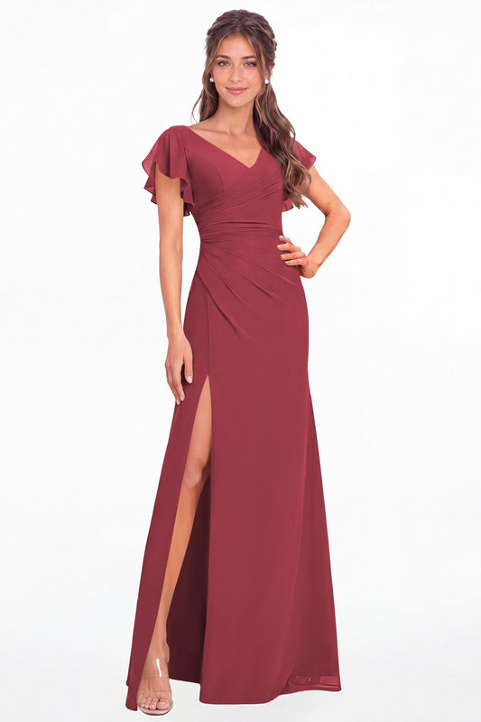 Desert Rose V Neck Chiffon Flutter Sleeve Slit Bridesmaid Dress - Front View