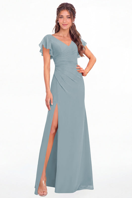 Dusty Blue V Neck Chiffon Flutter Sleeve Slit Bridesmaid Dress - Front View
