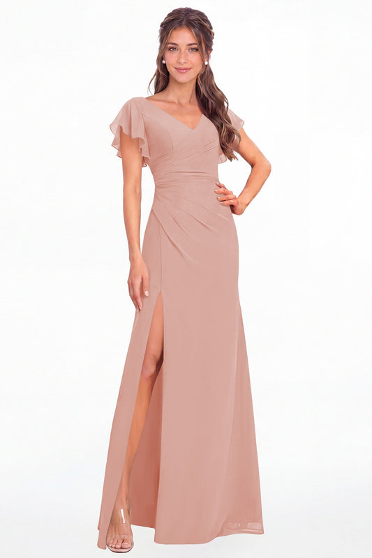 Dusty Rose V Neck Chiffon Flutter Sleeve Slit Bridesmaid Dress - Front View