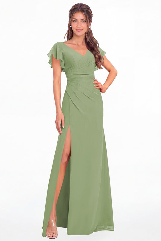 Dusty Sage V Neck Chiffon Flutter Sleeve Slit Bridesmaid Dress - Front View