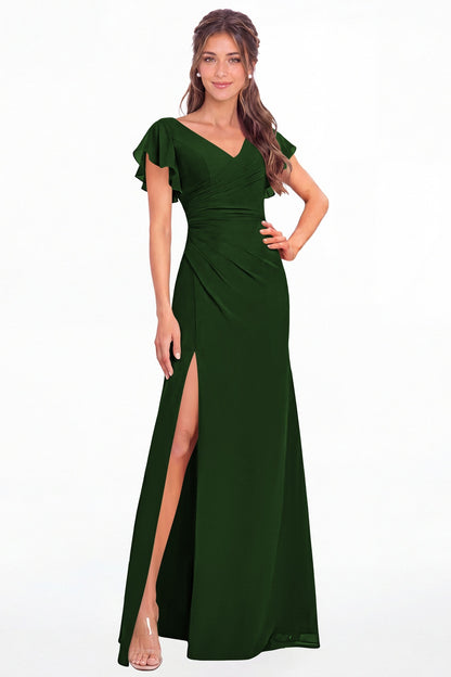 Emerald Green V Neck Chiffon Flutter Sleeve Slit Bridesmaid Dress - Front View