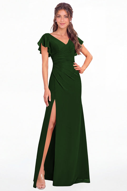 Emerald Green V Neck Chiffon Flutter Sleeve Slit Bridesmaid Dress - Front View