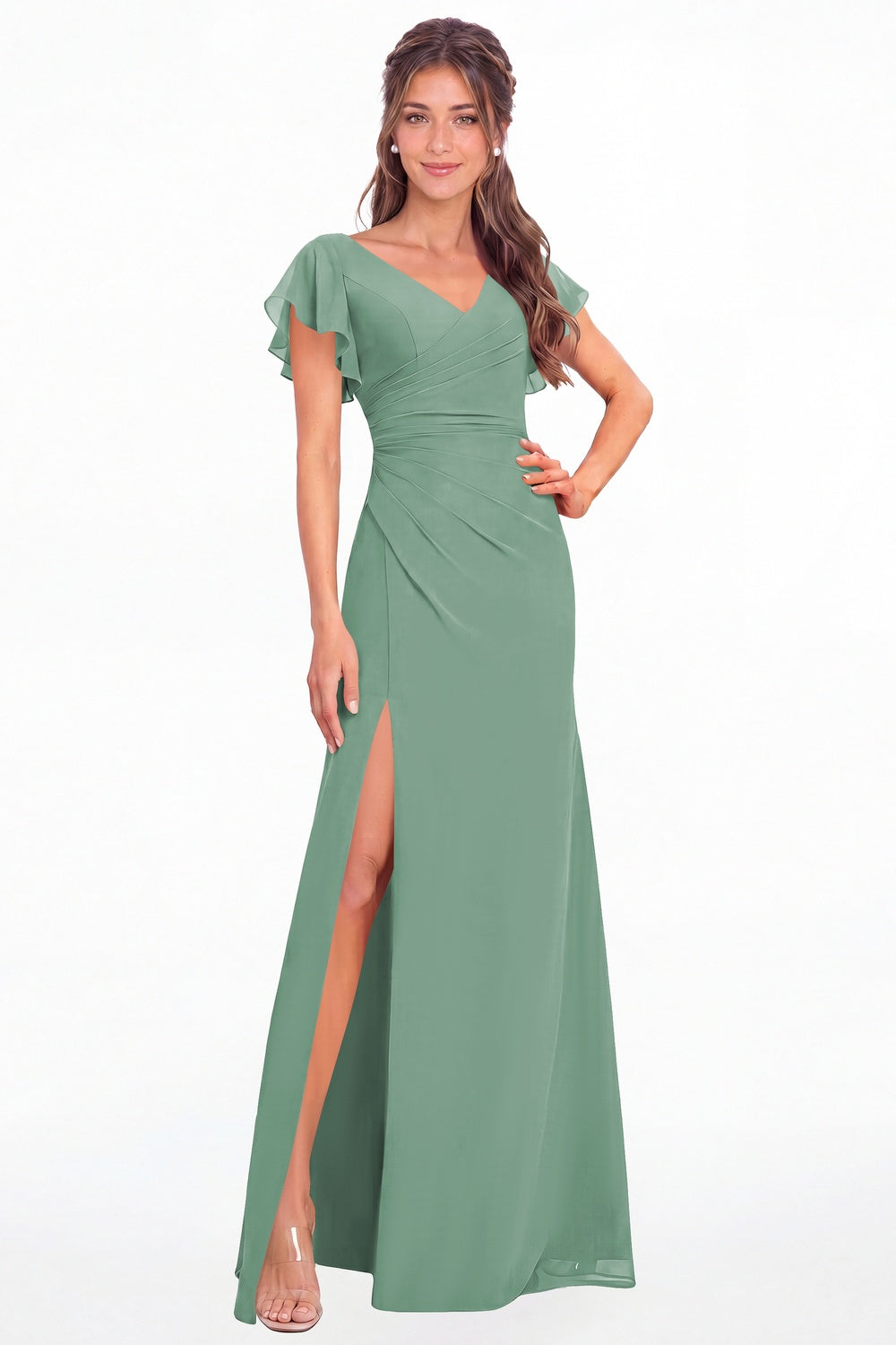 Eucalyptus V Neck Chiffon Flutter Sleeve Slit Bridesmaid Dress - Front View