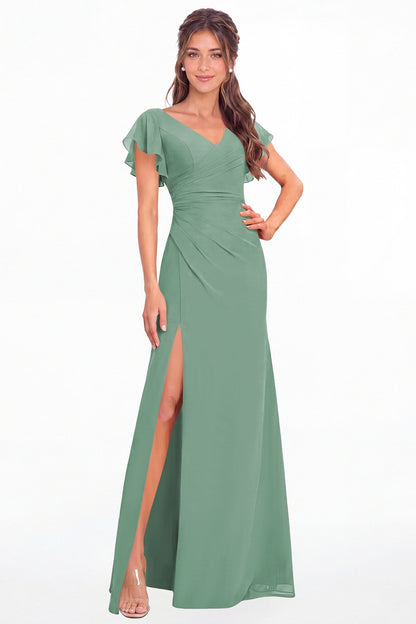 Eucalyptus V Neck Chiffon Flutter Sleeve Slit Bridesmaid Dress - Front View