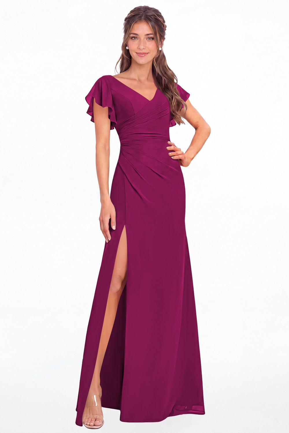 Fuchsia V Neck Chiffon Flutter Sleeve Slit Bridesmaid Dress - Front View