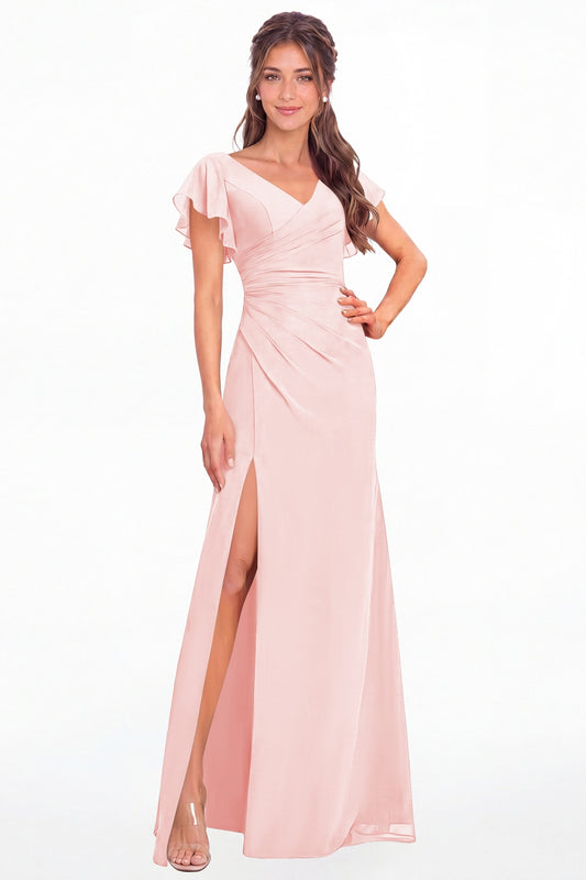 Light Pink V Neck Chiffon Flutter Sleeve Slit Bridesmaid Dress - Front View