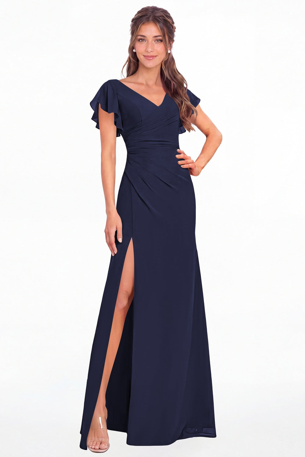 Navy Blue V Neck Chiffon Flutter Sleeve Slit Bridesmaid Dress - Front View