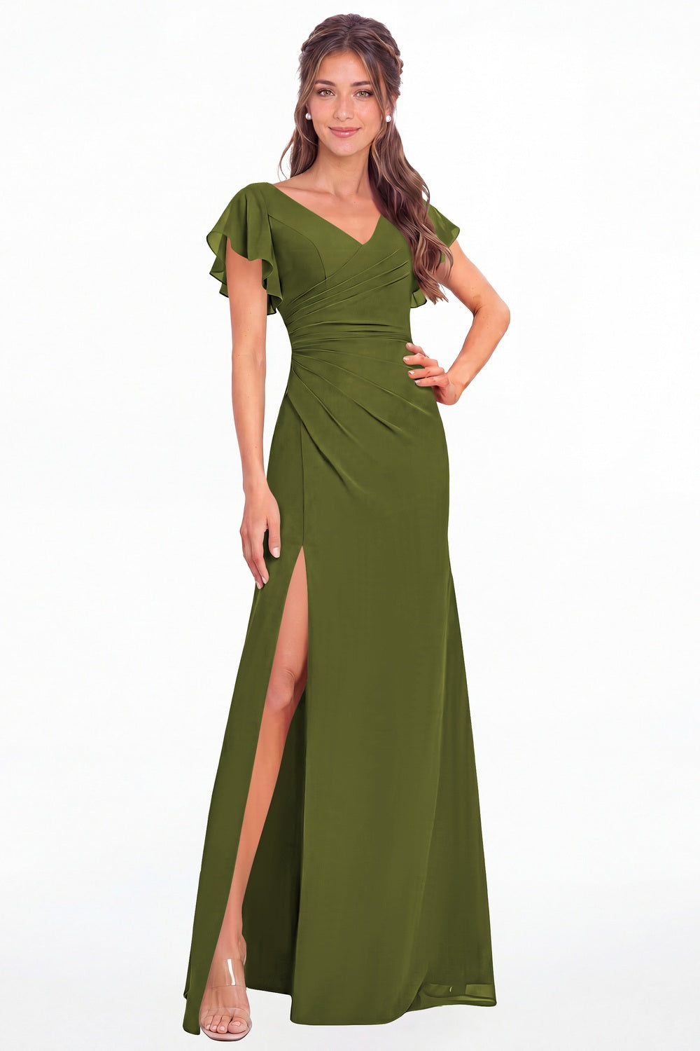 Olive Green V Neck Chiffon Flutter Sleeve Slit Bridesmaid Dress - Front View