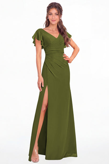 Olive Green V Neck Chiffon Flutter Sleeve Slit Bridesmaid Dress - Front View