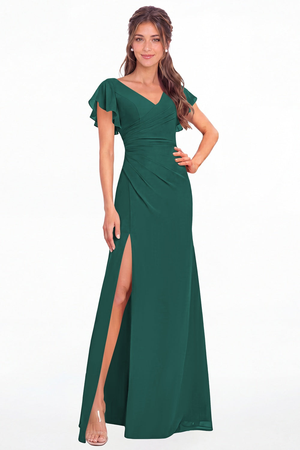 Peacock V Neck Chiffon Flutter Sleeve Slit Bridesmaid Dress - Front View