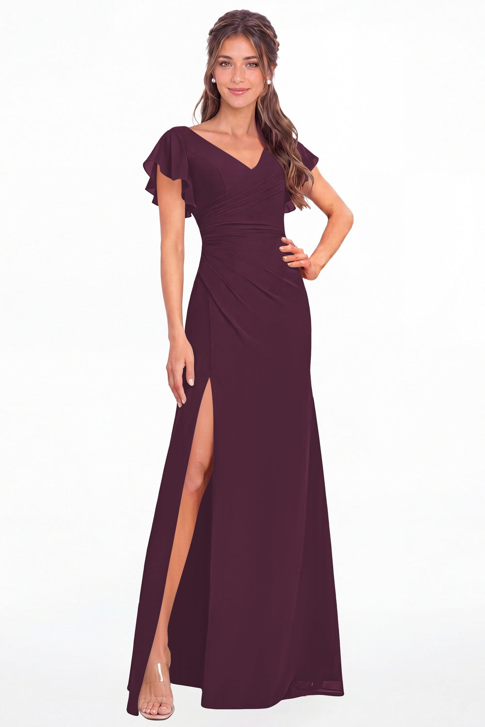 Plum V Neck Chiffon Flutter Sleeve Slit Bridesmaid Dress - Front View