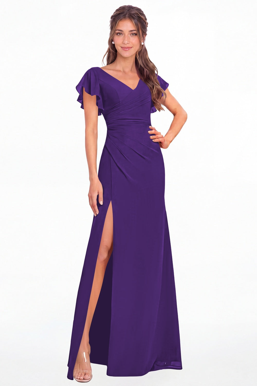 Purple V Neck Chiffon Flutter Sleeve Slit Bridesmaid Dress - Front View