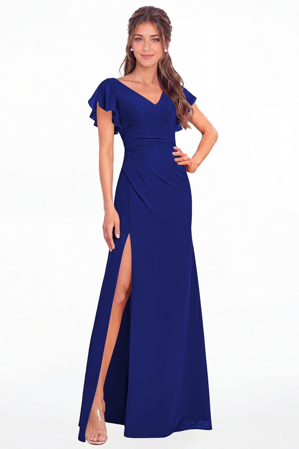 Royal Blue V Neck Chiffon Flutter Sleeve Slit Bridesmaid Dress - Front View