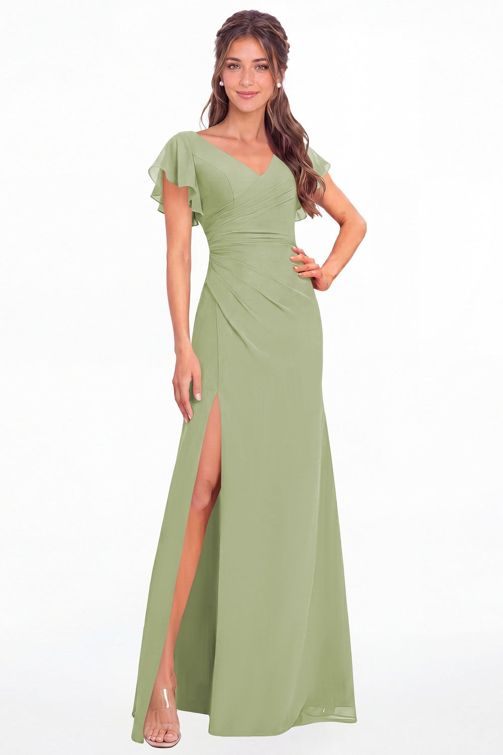 Sage Green V Neck Chiffon Flutter Sleeve Slit Bridesmaid Dress - Front View