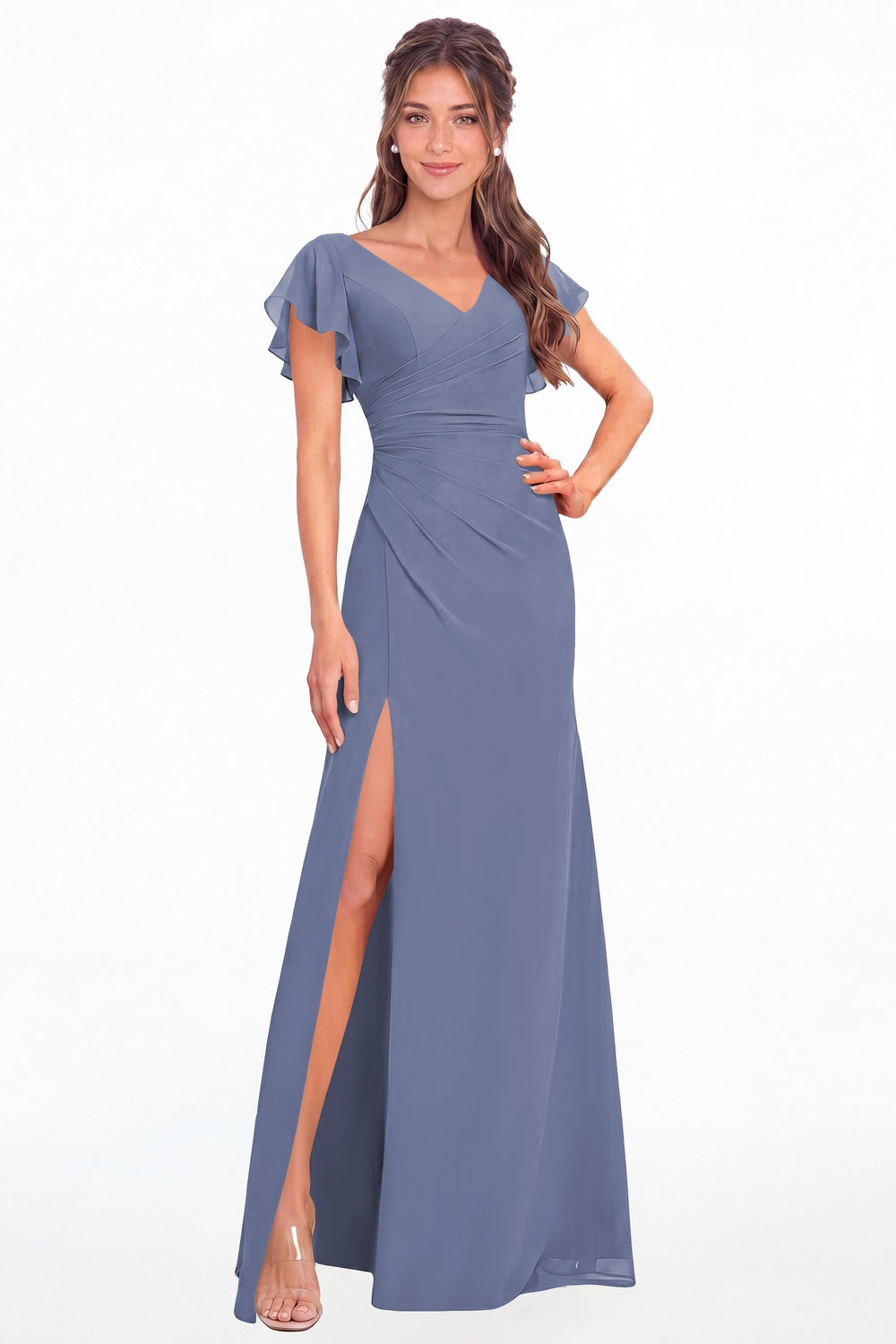 Steel Blue V Neck Chiffon Flutter Sleeve Slit Bridesmaid Dress - Front View