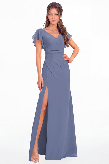 Steel Blue V Neck Chiffon Flutter Sleeve Slit Bridesmaid Dress - Front View