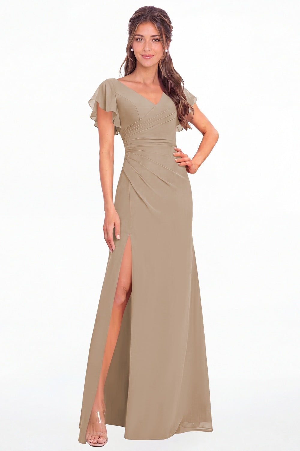 Taupe V Neck Chiffon Flutter Sleeve Slit Bridesmaid Dress - Front View