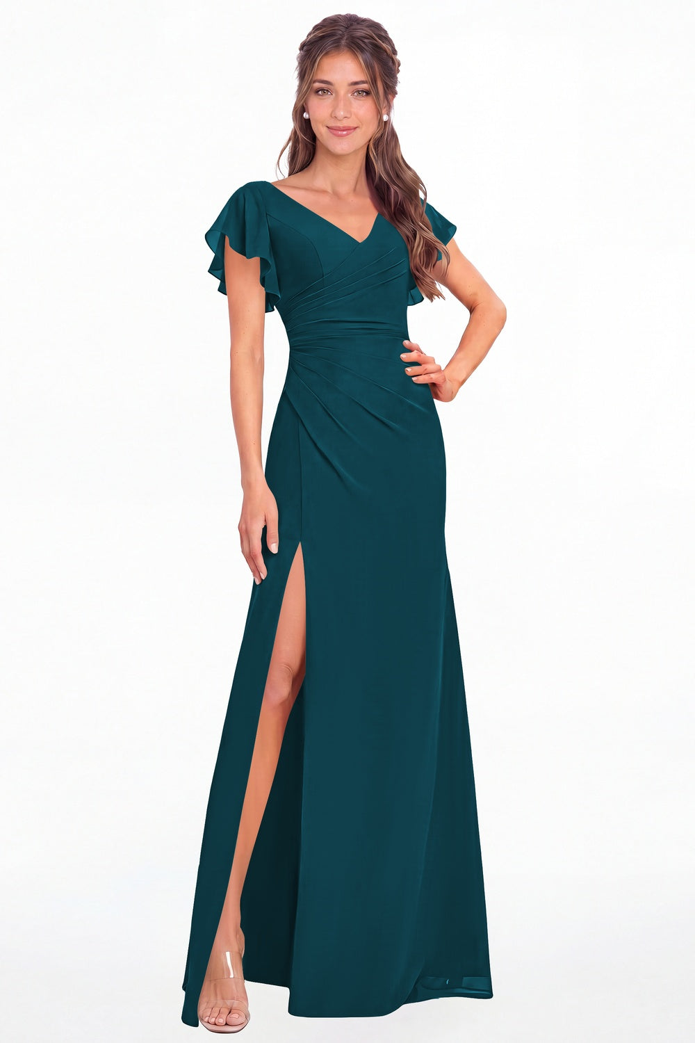 Teal V Neck Chiffon Flutter Sleeve Slit Bridesmaid Dress - Front View