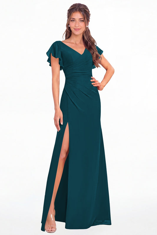 Teal V Neck Chiffon Flutter Sleeve Slit Bridesmaid Dress - Front View