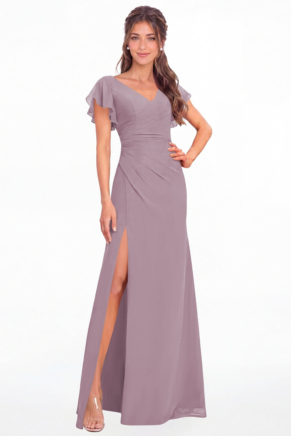 Wisteria V Neck Chiffon Flutter Sleeve Slit Bridesmaid Dress - Front View