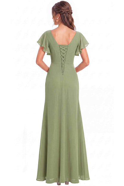 Aqua Blue V Neck Chiffon Flutter Sleeve Slit Bridesmaid Dress - Front View