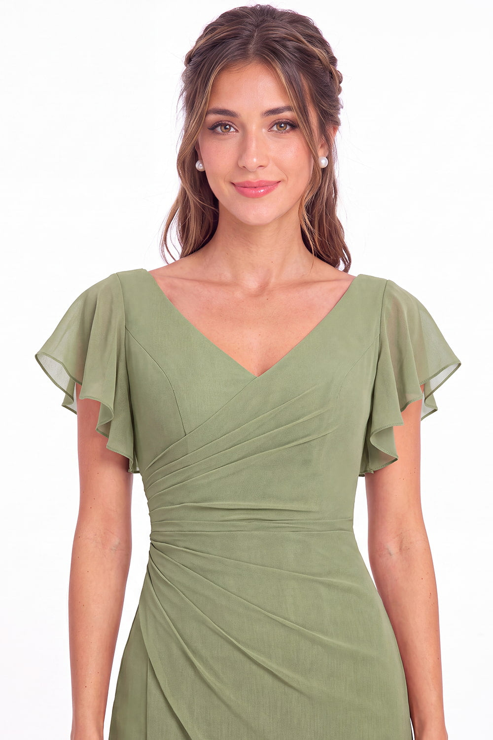 V Neck Chiffon Flutter Sleeve Slit Bridesmaid Dress - Back View