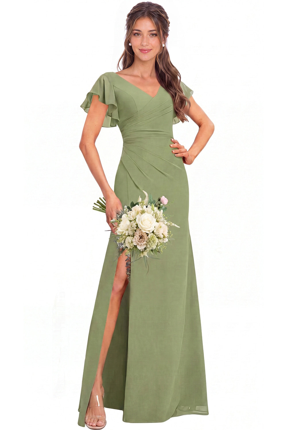 V Neck Chiffon Flutter Sleeve Slit Bridesmaid Dress - Detail View 1