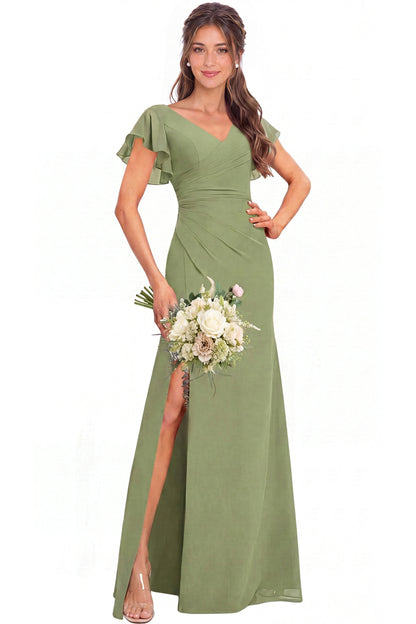 V Neck Chiffon Flutter Sleeve Slit Bridesmaid Dress - Detail View 1
