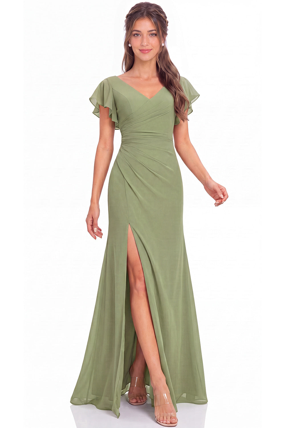 V Neck Chiffon Flutter Sleeve Slit Bridesmaid Dress - Detail View 2