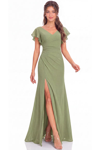 V Neck Chiffon Flutter Sleeve Slit Bridesmaid Dress - Detail View 2