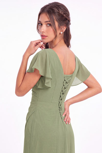 V Neck Chiffon Flutter Sleeve Slit Bridesmaid Dress - Detail View 3