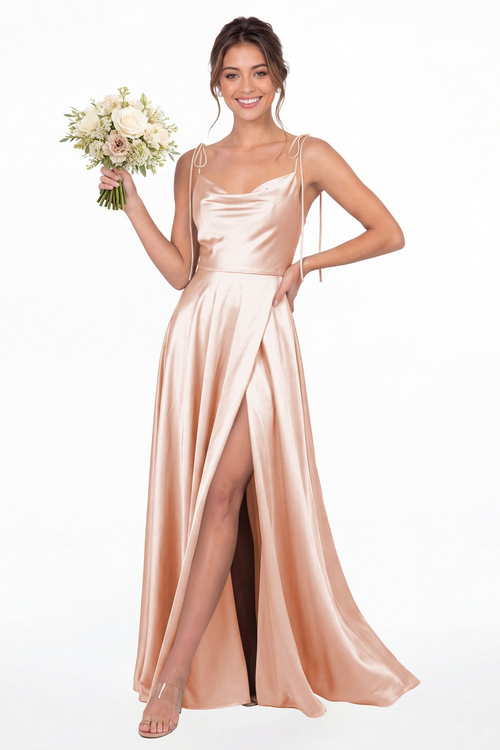 Blush Pink Cowl Neck Satin Slit Bridesmaid Maxi Dress - Front View