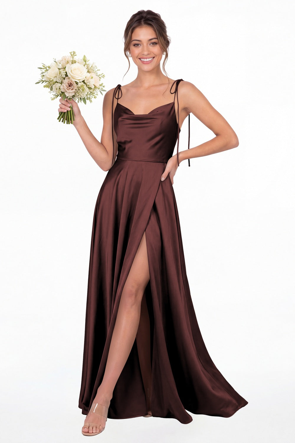 Burgundy Cowl Neck Satin Slit Bridesmaid Maxi Dress - Front View
