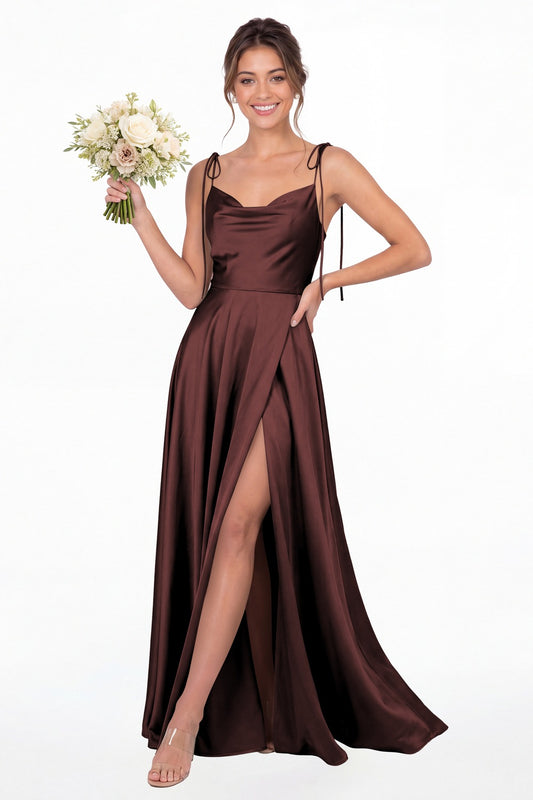 Burgundy Cowl Neck Satin Slit Bridesmaid Maxi Dress - Front View