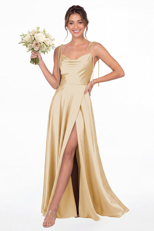 Champagne Cowl Neck Satin Slit Bridesmaid Maxi Dress - Front View