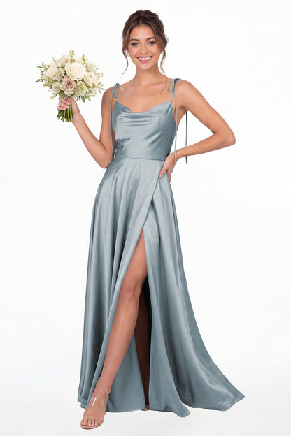 Dusty Blue Cowl Neck Satin Slit Bridesmaid Maxi Dress - Front View