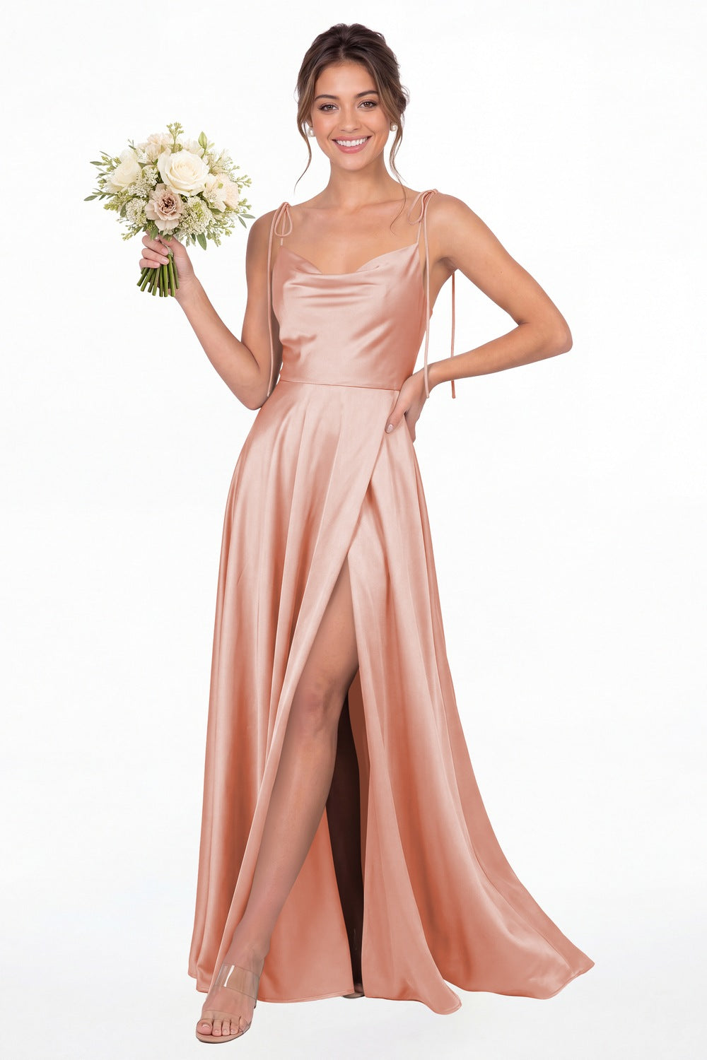 Dusty Rose Cowl Neck Satin Slit Bridesmaid Maxi Dress - Front View