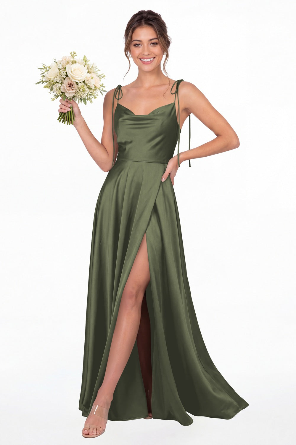 Moss Green Cowl Neck Satin Slit Bridesmaid Maxi Dress - Front View