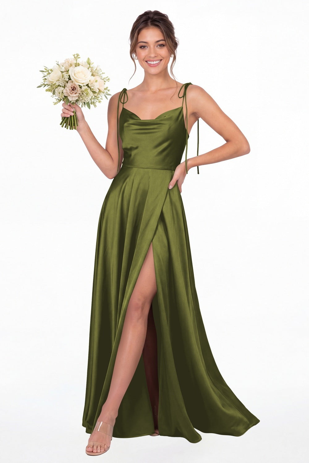 Olive Green Cowl Neck Satin Slit Bridesmaid Maxi Dress - Front View