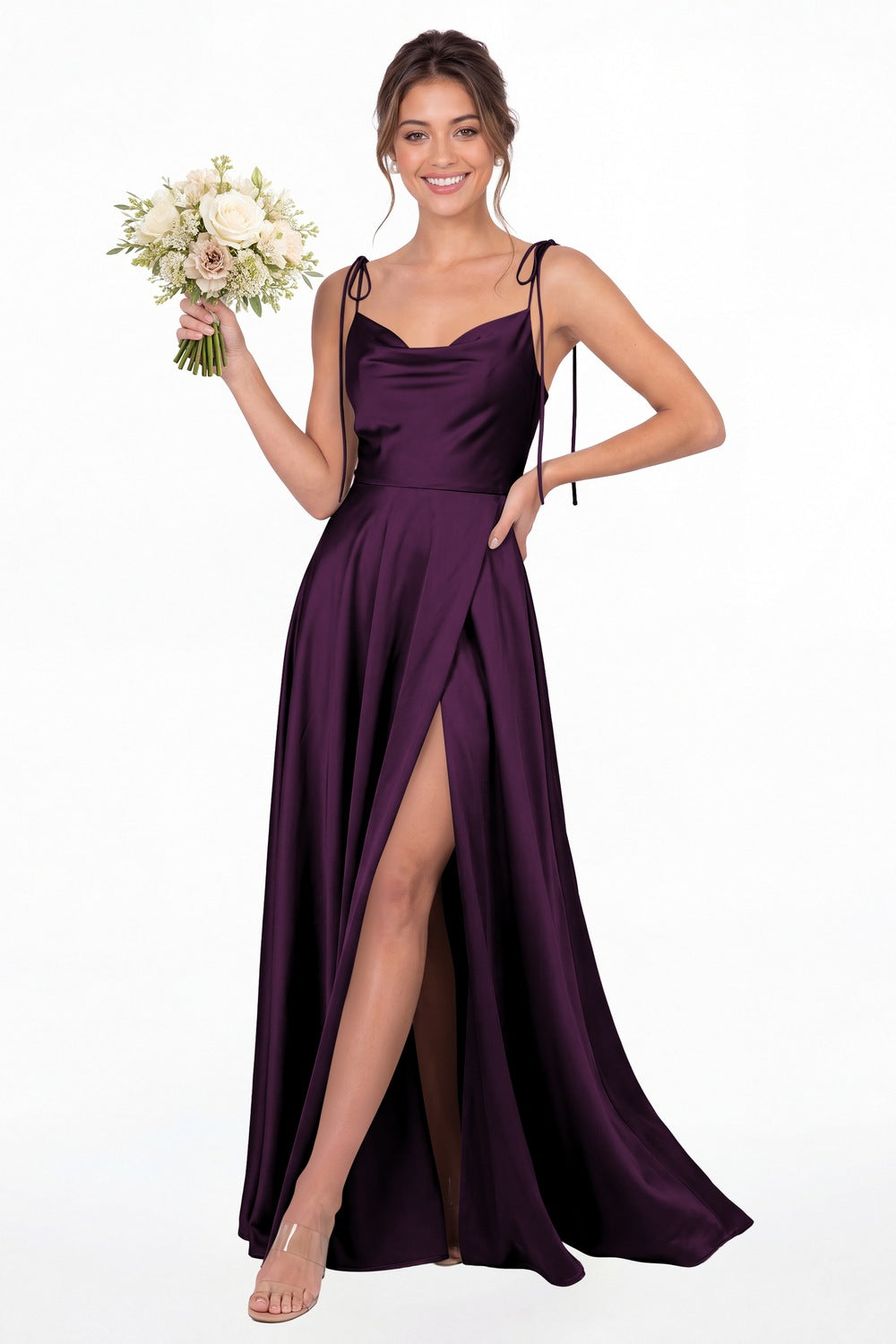 Plum Cowl Neck Satin Slit Bridesmaid Maxi Dress - Front View