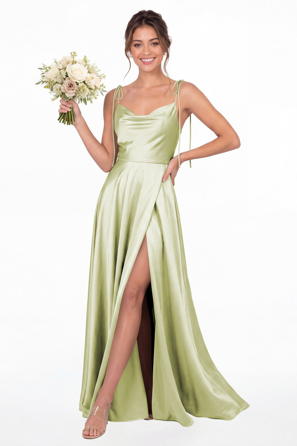 Sage Green Cowl Neck Satin Slit Bridesmaid Maxi Dress - Front View