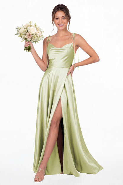 Sage Green Cowl Neck Satin Slit Bridesmaid Maxi Dress - Front View