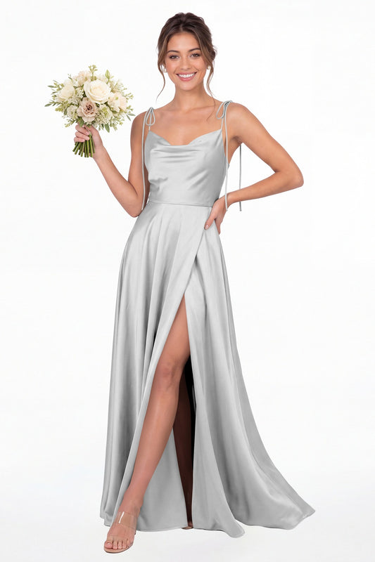 Silver Cowl Neck Satin Slit Bridesmaid Maxi Dress - Front View