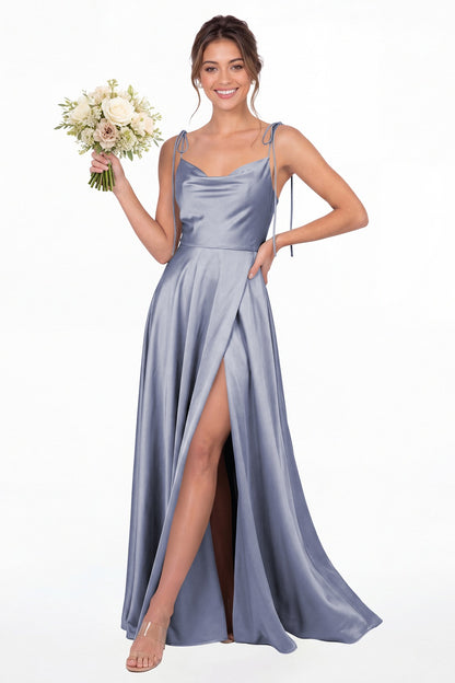 Steel Blue Cowl Neck Satin Slit Bridesmaid Maxi Dress - Front View