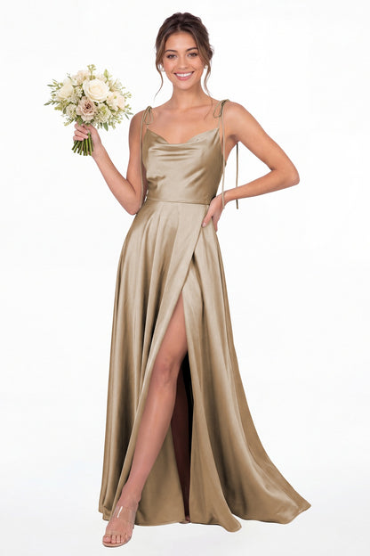 Taupe Cowl Neck Satin Slit Bridesmaid Maxi Dress - Front View
